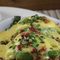 Bacon Avocado Benedict · Toasted English muffin topped with bacon, avocado, chilis, onions, spinach, two poached eggs...