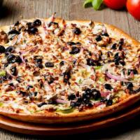 Veggie Pizza · Green Peppers, Onions, Mushrooms, Black Olives, and Mozzarella Cheese.