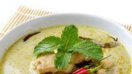 Green Curry · Special hot green curry paste with your choice of meat, coconut milk, green peas, green peppers, red peppers, eggplant, and fresh basil leaves.