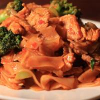Pad Ke Maw (Drunken Noodle) · Spicy. Stir fried rice noodle with your choice of meat, broccoli, and fresh basil leaves in ...