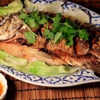 Crispy Whole Fish Tilapia · Crispy fish with fried garlic and fresh cilantro on top served with spicy sauce on the side.