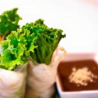 Vietnamese Shrimp Roll · Green leaf, bean sprout, rice noodles, shrimp. clear rice paper, and peanut-plum dip.