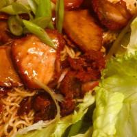 Bbq Pork Noodle · Lettuce, bean sprout, wavy egg noodle, scallion, cilantro, and BBQ pork.