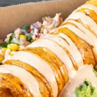 Michos Chimichanga Box · Served in a deep fried burrito with queso, beans, rice, and protein; toppings and sauce on t...