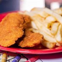 Chicken Tenders · Breaded chicken tenders served with crispy French fries.