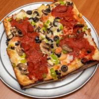 Veggie - Small · Topped with green peppers, onion, mushroom, tomatoes, and olives.