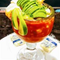 Coctel De Camaron · Chilled Shrimp with Mexican Cocktail sauce and Avocado Slices