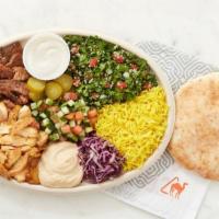 Pick 2 Plate · Includes your choice of 2 proteins. Comes with basmati rice, hummus, purple cabbage, chopped...