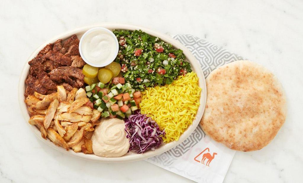 Pick 2 Plate · Includes your choice of 2 proteins. Comes with basmati rice, hummus, purple cabbage, chopped salad, Middle Eastern pickles, tahini, and a fresh-baked pita on the side. No substitutions.