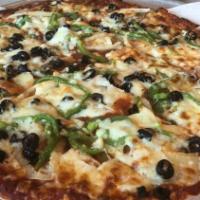 Veggie Pizza · Vegetarian. A blend of fresh mushrooms, onions, green peppers, and black olives together wit...