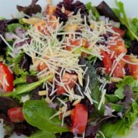Farmhouse Salad · Mixed greens, cucumber, red onion, marinated tomatoes, dried cranberries, toasted almonds, A...