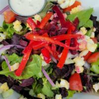 Pub Salad · mixed greens, pickles beets and carrots, cucumber, hard boiled egg, marinated tomatoes, red ...
