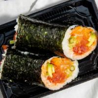 Packers Burrito · Spicy salmon, spicy tuna, avocado. cucumber asparagus, sweet potato tempura and eel sauce