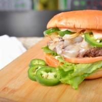 Fireball Burger · Pepper jack cheese, fresh green jalapenos, crushed red pepper, a mix of sriracha, and mayo, ...