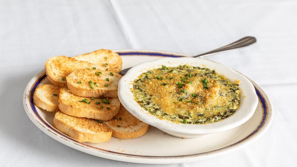 Spinach & Artichoke Dip · A traditional mix of spinach, artichoke hearts, cream cheese, sour cream and parmesan cheese, served with toasted baguettes.