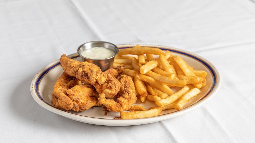 Chicken Tenders · Boneless chicken breast, breaded and deep fried. Served with French fries.
