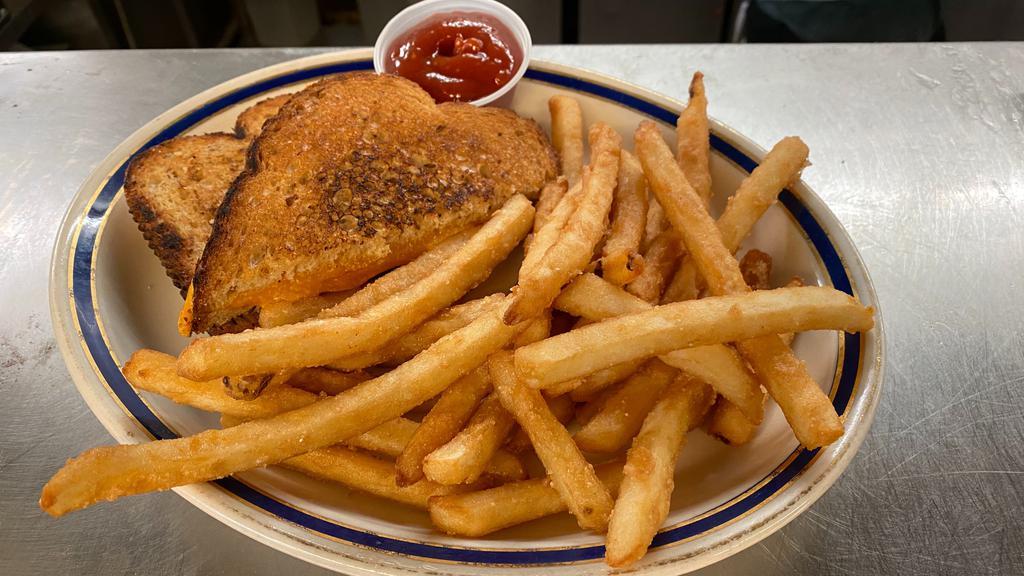 Grilled Cheese · Cheddar or Swiss cheese, grilled to golden brown. Served with fries.