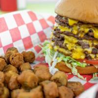 Okie Dokie · Six patties, comes standard with mustard, lettuce, tomato, pickles, fried onion, and raw oni...