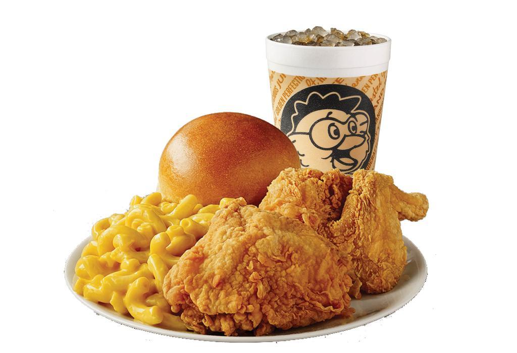 Golden Fried Chicken · 2 Piece (Thigh & Wing) . 3 Piece (Leg, Thigh & Wing). With choice of a side, yeast roll, 30 oz. drink