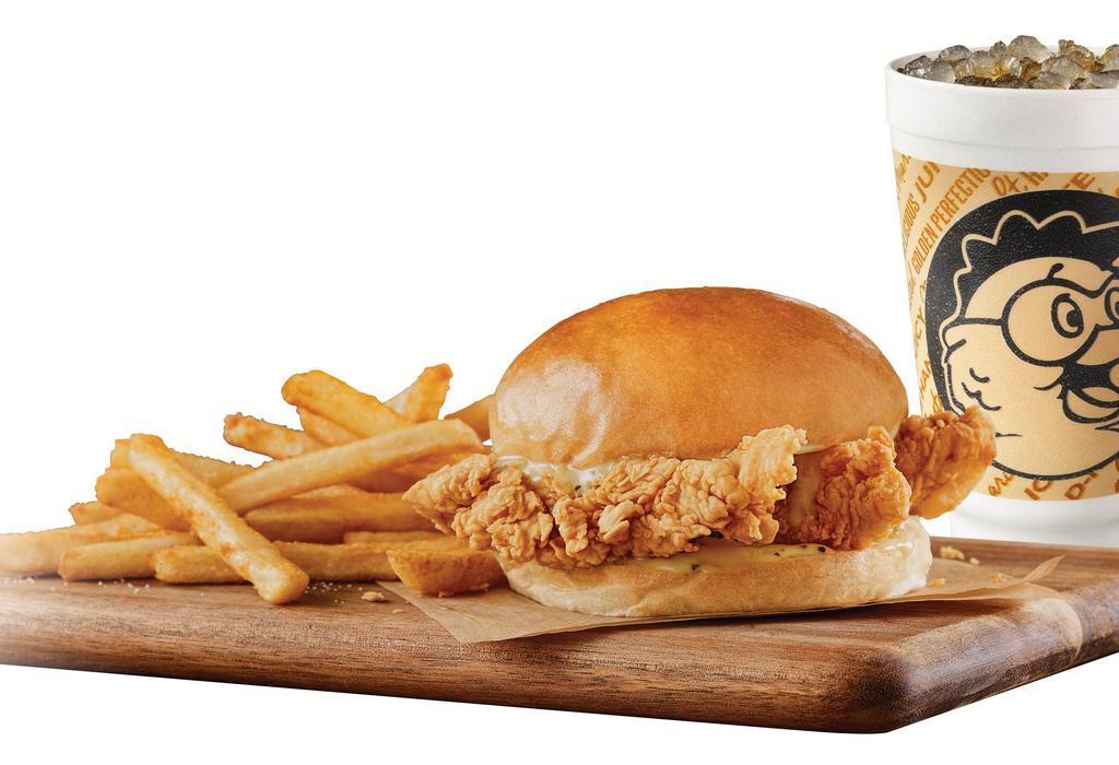 Triple Tender Sandwich  · Three Golden Tenders® on a large fresh baked yeast roll with choice of sauce .