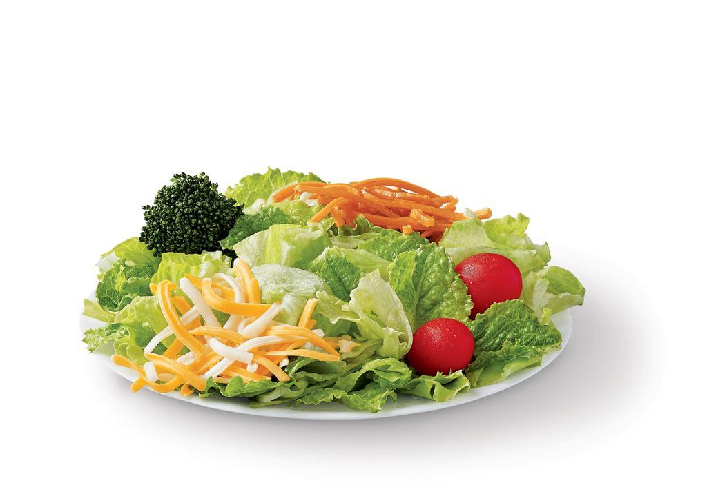 Side Salad · Romaine & iceberg blend, grape tomatoes, broccoli, carrots & jack and cheddar cheese blend