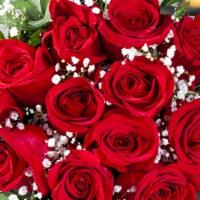 Gloria (Wr)-10007 · Beautiful One Dozen Red Roses with the Snow flower Wrap Bouquet.