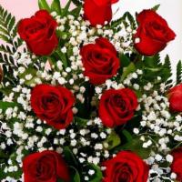 Gloria-10005 · Beautiful Two dozen Red roses with Snow flower Arrangement.