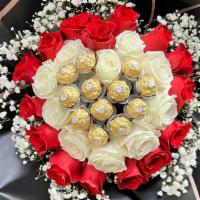 Choco Heart · 12 Chocolates
10 Stems White Rose
15 Stems Red Rose 
with Snow Flowers
