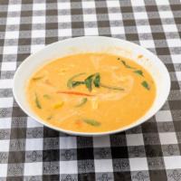 Panang Curry · Thai panang curry paste with coconut milk, bell pepper, lime leaves, and basil leaves. Serve...