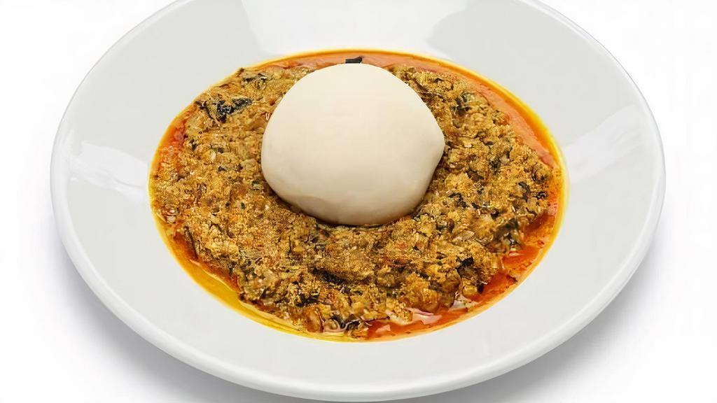 Fufu · foo-foo (pounded yam) served with your choice of Egusi, Okra, Edikang Ikong (Spinach and Kale Stew) or Tomato  Stew