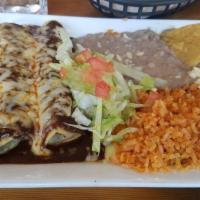 Enchiladas De Mole · Filled w/your choice of chicken, ground beef, or Queso chihuahua.