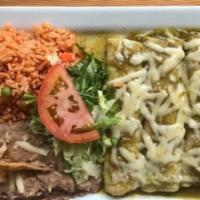 Enchiladas Verdes · Filled w/your choice of chicken, ground beef, or Queso chihuahua, add 4 oz. skirt steak for ...