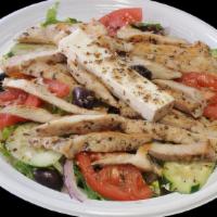 Grilled Chiecken Breast Salad · Romaine lettuce, onions, tomatoes, cucumbers, feta cheese, kalamata olives, served with
home...