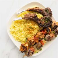 Mix Kabob Sampler Plate · One skewer chicken kabob, one skewer kofta kabob, and two pieces lamb chops served with side...