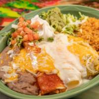 La Banderita Gf · 3 enchiladas, 1 chicken with green sauce, 1 beef with red sauce and 1 cheese with cheese sau...