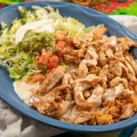 Arroz Con Pollo Gf · Grilled chicken over a bed of rice covered in cheese sauce served with guacamole salad, sour...