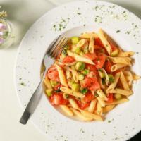 Asparagus Penne · Asparagus, tomato, onion, spicy olive oil, penne.