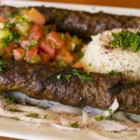 Kifta Kabob Entree · Grilled seasoned ground cuts of tender beef and lamb minced with onions and parsley and spec...