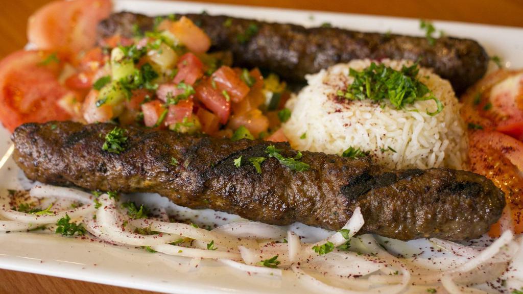 Kifta Kabob Entree · Grilled seasoned ground cuts of tender beef and lamb minced with onions and parsley and special spices.