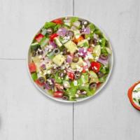 Meet & Greek Salad · (Vegetarian) Romaine lettuce, cucumbers, tomatoes, red onions, olives, and feta cheese tosse...