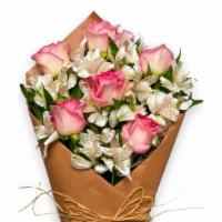 Wrapped Bouquet Pink & White (Shown As Deluxe) · This bouquet full of pink roses and white alstroemerias is the perfect gift for the sweethea...