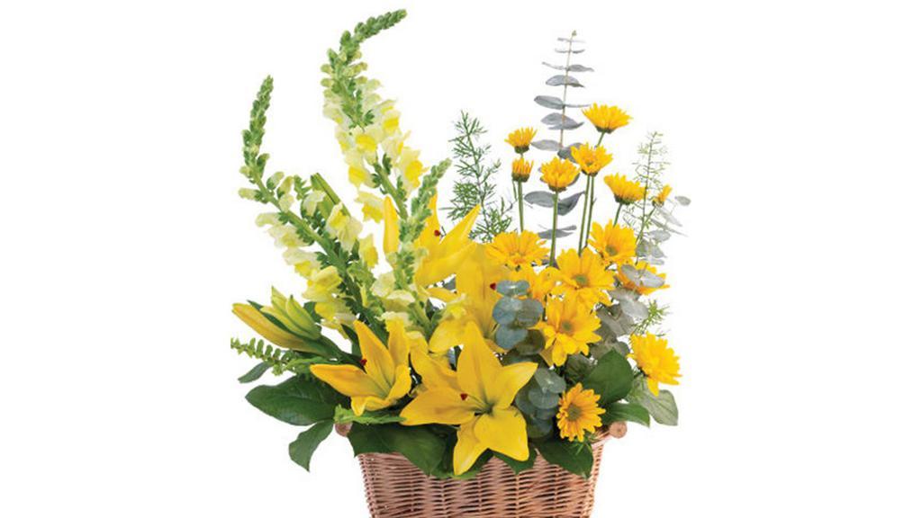 Cheerful Yellow Basket Arrangement (Shown As Deluxe) · This beautiful basket is full of joy! Featuring gorgeous yellow snapdragons, lilies, daisy poms, and more, Cheerful Yellow is a charming monochromatic masterpiece. Send this sunny basket to someone you love today!

Some flowers and containers may have to be substituted depending on seasonal demand and availability.  We will do our best to insure you love the final product.