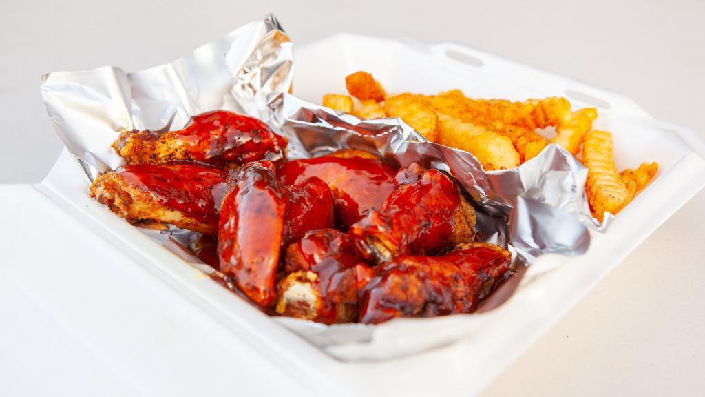 Wings (8Pc) & Fries · 8 Pcs Jumbo bone-in Party Wings and 1/2 inch crinkle cut fries. Choose your sauce. Sweet & spicy or classic sweet.