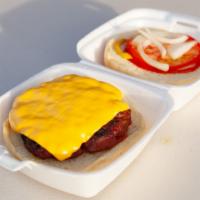 Cheeseburger · 1/4 lb smoked cheeseburger with BBQ sauce, mustard, onion and pickles.