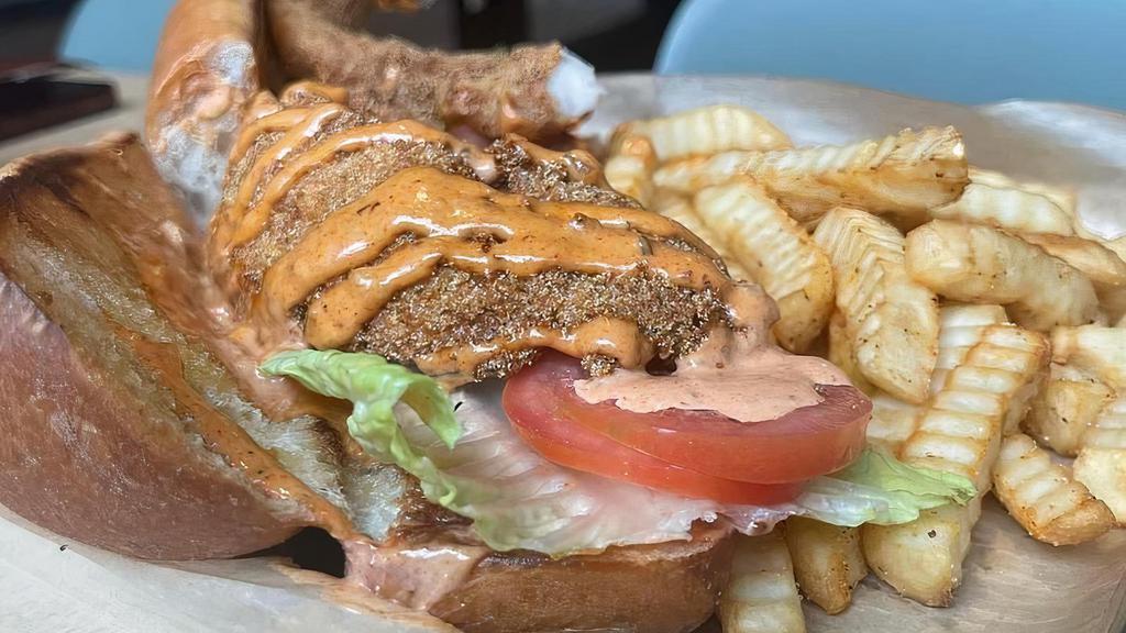 Po'Boy (Fried Shrimp, Catfish, Or Philly Steak) · Fried Shrimp or Catfish with lettuce, tomato, and Remoulade on French roll. Philly Steak with grilled onions and green bell peppers. Served with side of crinkle cut fries.