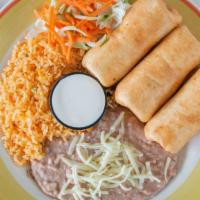 Chimichangas · Your choice of chicken or ground beef and cheese inside. Served with sour cream and garnish ...