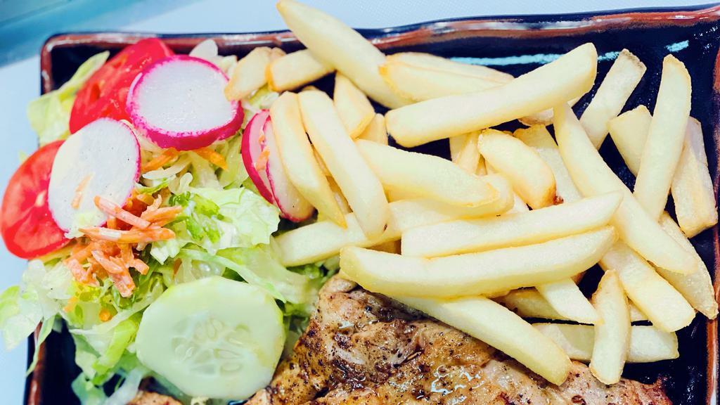 Pollo Parrillero · Our authentic Peruvian debone chicken leg quarter marinated in a homemade seasoning sauce charbroiled to perfection. Choice of two sides.