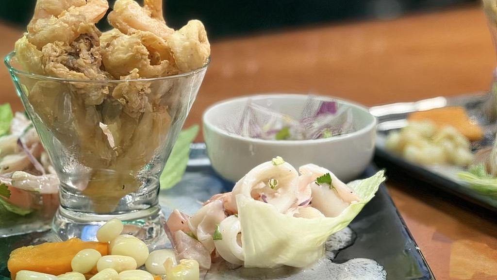 Trio Marino · Classic ceviche, ceviche mixto and jalea. **Consuming raw or undercooked meats, poultry, seafood, shellfish, or eggs may increase your risk of food-borne illness, especially if you have certain medical conditions.