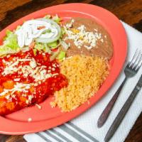 Enchiladas · Your choice of filling, Beef, Chicken, Pork, Cheese or Chorizo wrapped in three tortillas sm...