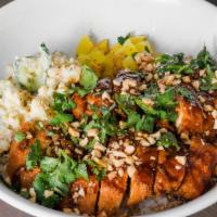 Fried Chicken Rice Bowl · Fried chicken, crushed peanuts, cilantro, katsu sauce with japanese potato salad & pickled d...